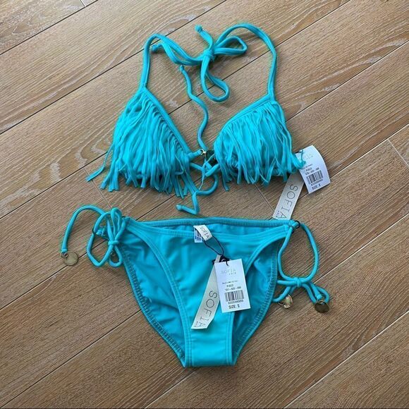 SOFIA By Vix-Teal Fringe Top and Side Tie Bottoms Bikini (Size:Small) - Picture 2 of 15